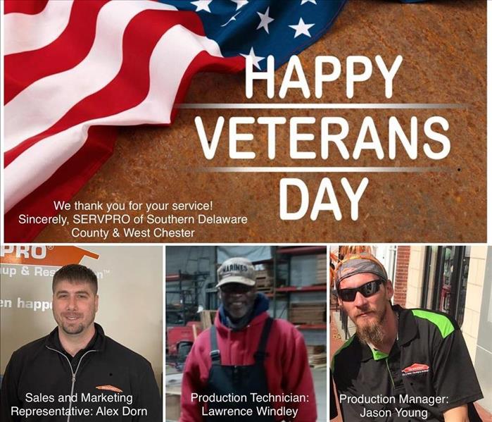 Image of American flag, Happy Veterans Day text, and three of our own Veteran employees.
